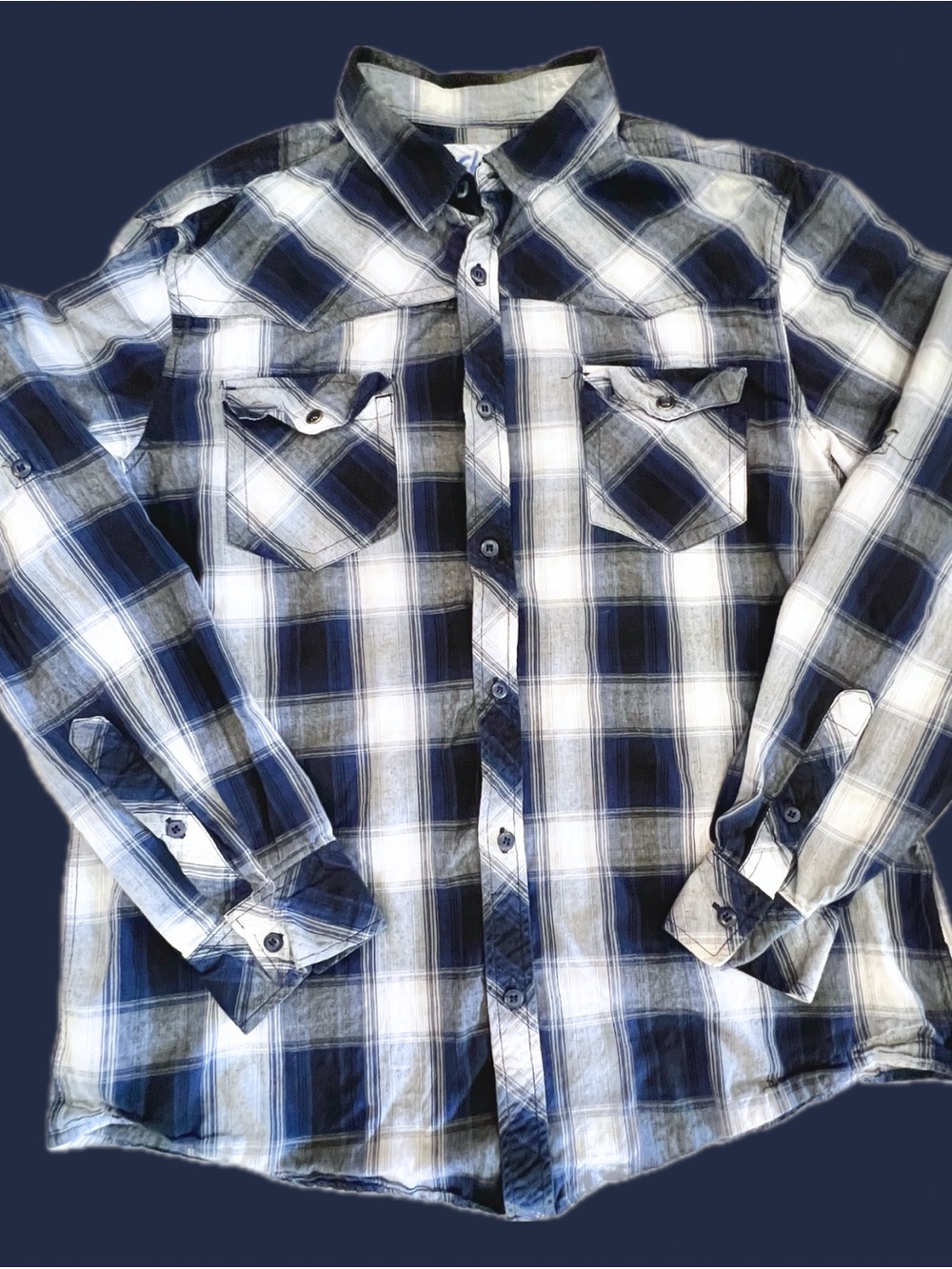 CHALC Navy and White Plaid Button-Down Collared Shirt with 2 Pockets